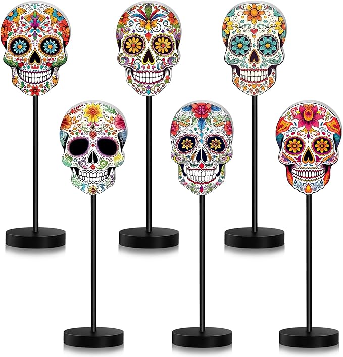 6 Pcs Day of The Dead Wooden Signs Día De Los Muertos Centerpiece Signs Mexican Sugar Skull Marigolds Floral Table Decorations Halloween Wooden Block for Desk Shelf Table Home Party Decor - sugar skull christmas decorations