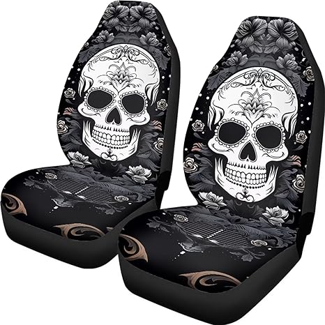Sugar Skull Black Floral Car Front Seats Covers Protectors Only for Car Truck Auto Seat Cover Cushion Automotive Interior Protection Organizer, 2 Piece - sugar skull car seat covers set