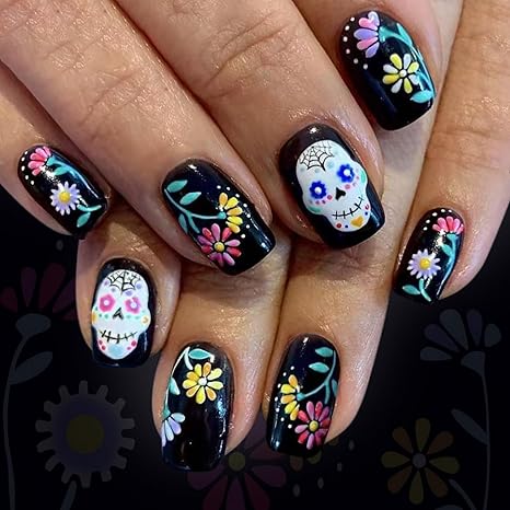 Skull Day of the Dead Press on Nails Black Fake Nails Short Square False Nails with Flower designs Acrylic Nails Full Cover Horror Stick on Nails Halloween Glue on Nails for Women Manicure24pcs - sugar skull nail art