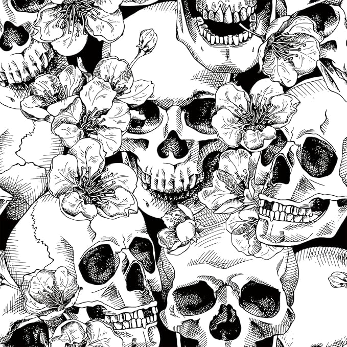 Peel & Stick Sugar Skull Wallpaper Black and White Removable Wall Paper Decor with Floral Patterns Waterproof Vinyl Contact Paper for Bedroom Office 17.5"x196.8", DIY Dark Aesthetic - sugar skull canvas wall art