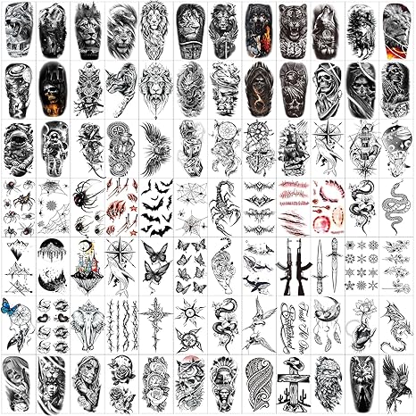 82 Sheets Halloween Temporary Tattoos, 3D Scary Lion Wolf Tiger Skull Skeleton Spider Fake Tattoos Stickers for Men Women Adults - sugar skull temporary tattoo