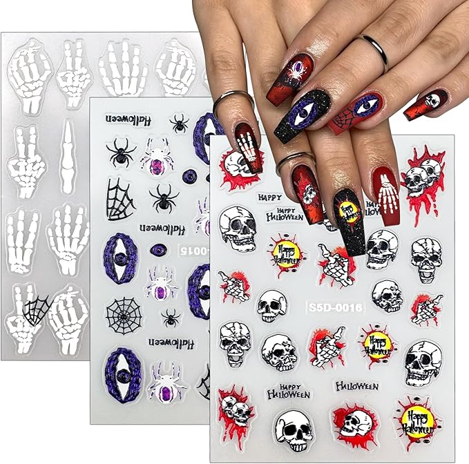 MUIIIGOOD 3 Sheet Halloween Nail Art Stickers Gradient Pumpkin, Horror Skull Ghost Mask Eyes Nail Decals, 3D Self-Adhesive Spider-Web Bat Design for DIY Nail Supplies Decoration Manicure Accessories - sugar skull nail art