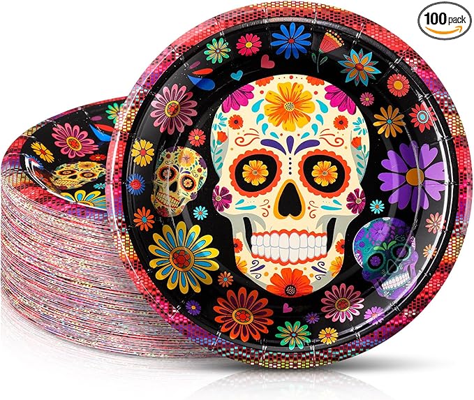 100 Pcs Dia De Los Muertos Sugar Skull Paper Plates 7 Inch Disposable Cake Dessert Dinner Plates for Halloween Day of The Dead Fiesta Party Decorations Supplies (Black) - sugar skull plates set