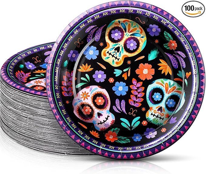 100 Pcs Dia De Los Muertos Paper Sugar Skull Plates 7 Inch Disposable Cake Dessert Dinner Plates for Halloween Day of The Dead Fiesta Party Decorations Supplies(Purple) - sugar skull plates set