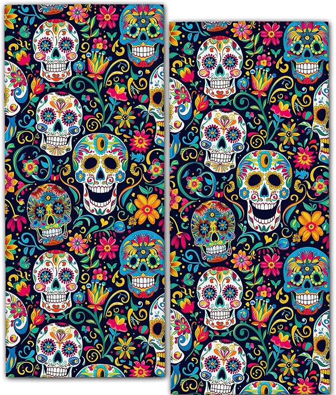 Sugar Skull 2 Pack Hand Towels, 14.5x28 Inch Towel Set with Skeleton and Floral, Soft Absorbent Polyester, for Bathroom Kitchen Cabin Day of The Dead Home Decor Gifts for Adults - sugar skull beach towel
