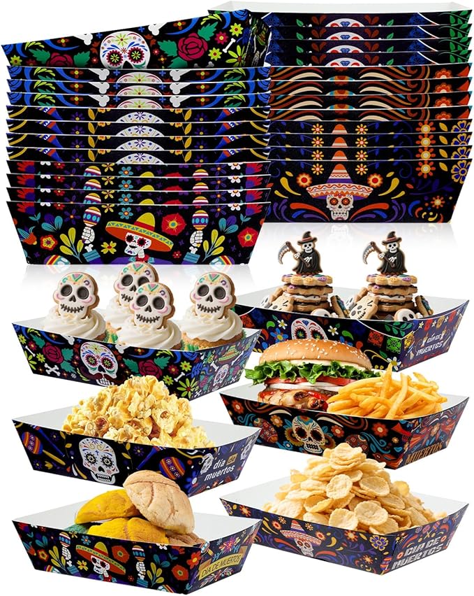 24 PCS Day of The Dead Paper Food Trays, Dia De Muertos Nacho Serving Trays for Party Decoration, Disposable Sugar Skulls Paper Plates for Halloween Party Supplies, Snack Bar, Family Gathering - sugar skull plates set