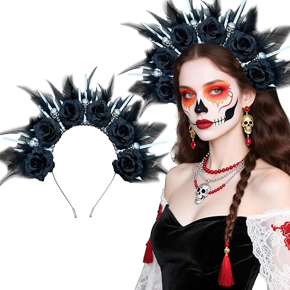 JeVenis Black Skull Mexican Flower Crown Headband Day of The Dead Fiesta Headpiece Cinco De Mayo Party Costume Dia de Los Muertos - sugar skull flower crown