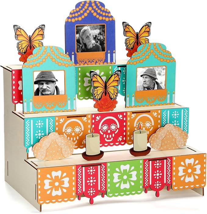 Leinuosen Dia De Los Muertos Ofrenda Altar Decoration Day of The Dead Decor Wooden Box with Marigold Monarch Butterfly Photo Frame Candle Sugar Skull for Mexican Picado Banner Remembrance Supplies - sugar skull candle holder