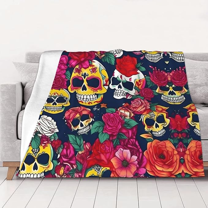 Sugar and Skulls and Flowers Print Bedroom Blanket Gifts for Mom Dad, Soft Flannel Plush Warm Throw for Home Living Room Decor - sugar skull throw blanket