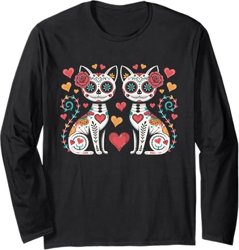 Cinco de Mayo Fro Skeleton Cat Sugar Skull Apparel - sugar skull long sleeve shirt mens