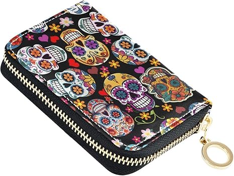 Mexico Sugar Skull Credit Card Holder RFID Card Case Wallet, Small Accordion Zipper Card Case Holder, Card Organizer Case for Women Men - sugar skull wallets for women