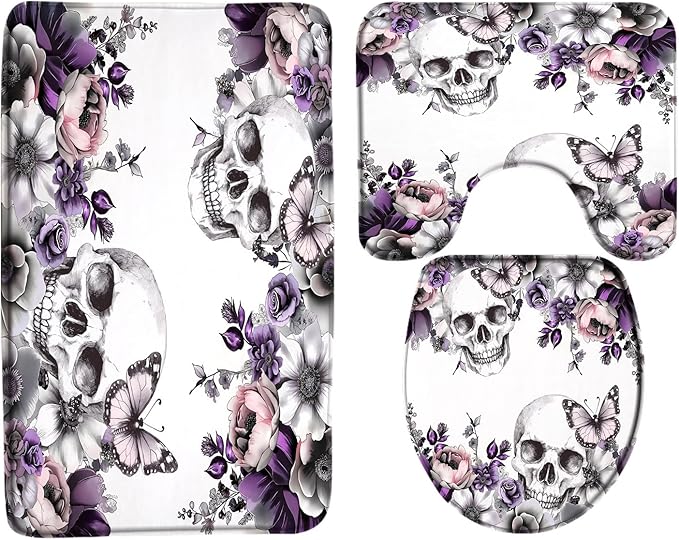 3pcs Skull Flower Gothic Bath Mat Set,Gothic Halloween Purple Floral Butterfly Sugar Skeleton Dark Spooky Scary Retro Memory Foam Rug,Toilet Lid Cover,U-Shaped Toilet,Bath Rug 17.7x29.5 Inch - sugar skull toilet mat set