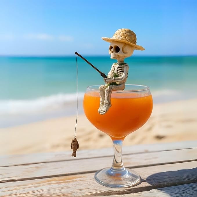 Mini Skeleton Fishing Figurine – 4.5” Gothic Summerween Decor for Outdoor Pond, Halloween Poolside Table, or Spooky Cocktail Cup | Cute Skull Statue for Goth Garden & Halloween Party Display - sugar skull figurine collectible
