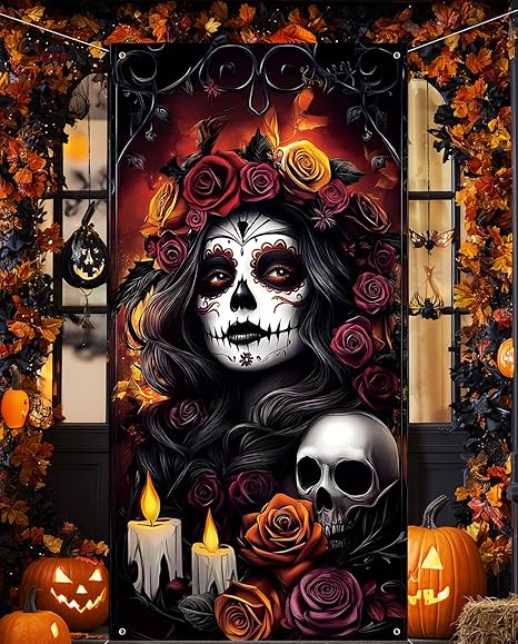 Dia De Los Muertos Decorations Door Cover Day of The Dead Sugar Skull Altar Mexican Fiesta Party Decorations Favors Supplies for Home Gothic Halloween Decor - sugar skull canvas wall art