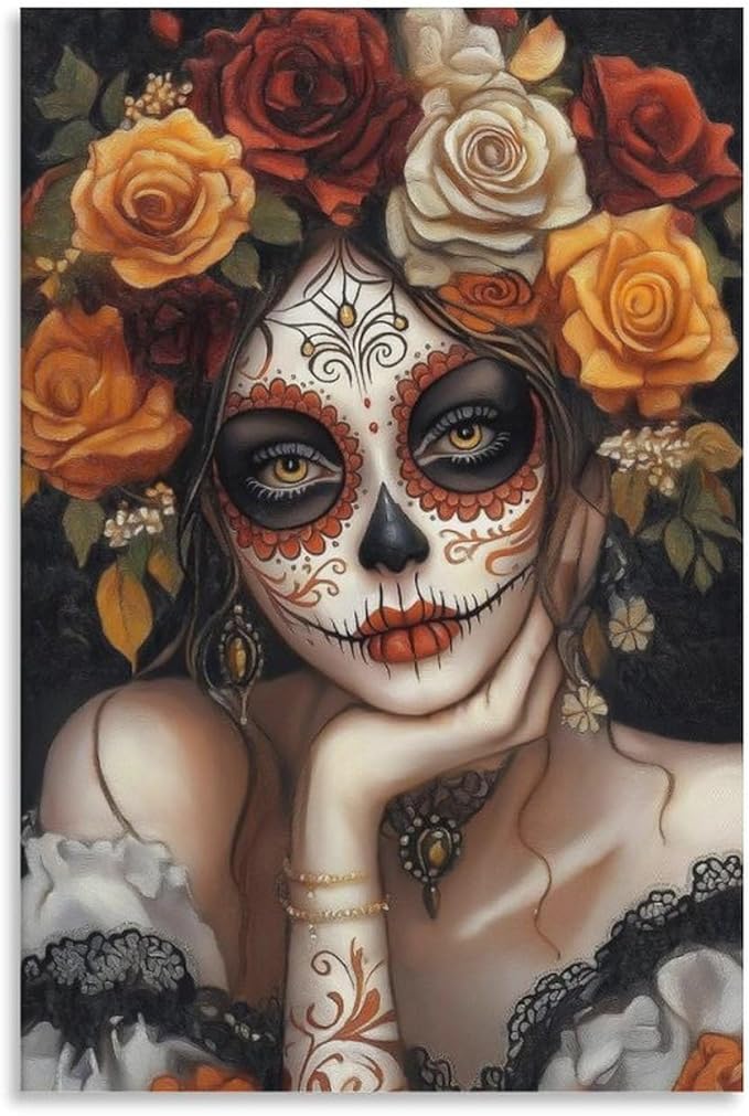 Sugar Skull Girl Mural Halloween Decoration Print Ghost Portrait Canvas Poster Cool Artwork Painting Printing Hanging Paintings Home Decoration 12x18inch(30x45cm) - sugar skull poster print