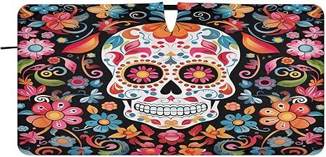 ALAZA Car Windshield Sun Shade for Cars, Trucks, and SUVs,Sugar Skulls and Colorful Flowers Sun Visor UV Protection Heat Reduction,Easy Install, Foldable,30" x 59" - sugar skull car sunshade for windshield