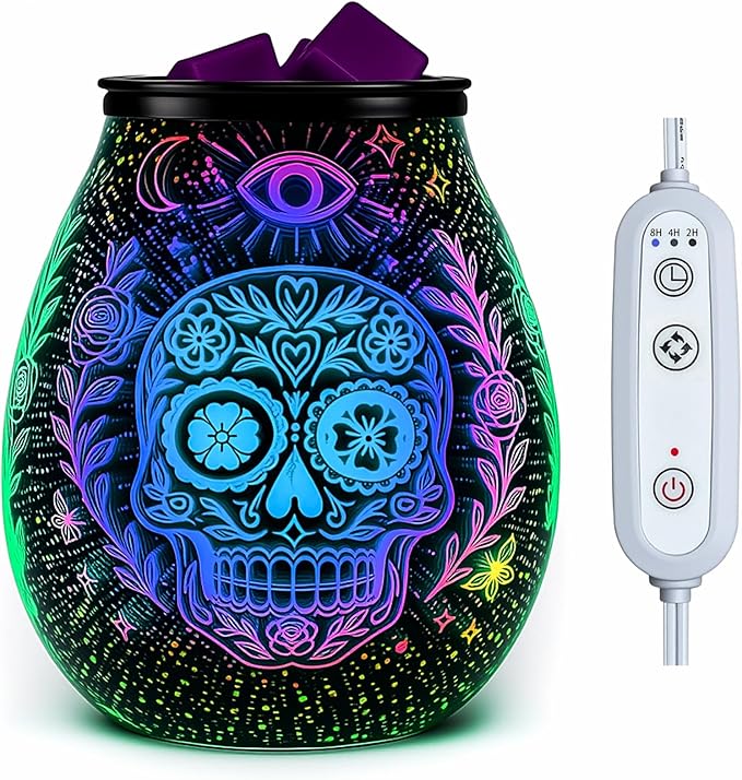 Leyoue 3D Glass Fireworks Electric Wax Melt Warmer with PTC Heating Plate 7 Colors LED Changing Light Wax Burner Melter Fragrance Warmer for Home (Skull Head) - sugar skull candle holder