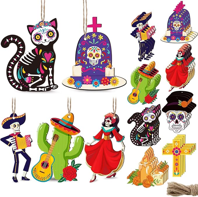 Chunful 32 Pieces Day of The Dead Wooden Ornaments Sugar Skull Cat Cactus Tombstone Cross Dia De Los Muertos Decorations Wood Hanging for Mexican Fiesta Day of The Dead Decor - sugar skull christmas ornament