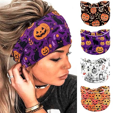 Olbye Halloween Headbands for Women Wide Leopard Head Bands Non Slip Pumpkin Knotted Headband Elastic Spider Web Hair Bands Scarf Turban Head Wraps Workout Hair Accessories 4Pcs (Cat, 9.4 * 5.9'') - sugar skull flower crown