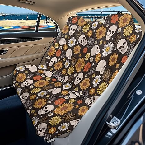 Halloween Gothic Skull Hippie Daisy Car Seat Cover Backseat Universal Rear Car Seat Bench Towel Non-Slip Saddle Blanket Seats Protector for Sedans, SUVs, Vans Auto Accessories - sugar skull car pet seat cover