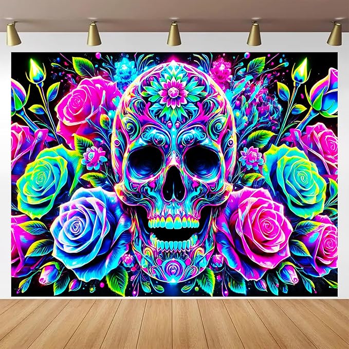 BlissYard Neon Floral Skull UV Black Light Tapestry 78x59 Inches Art Color Neon Light Background Bedroom Living Room Wall Party Decoration Day of the Dead Sugar Skull Rose Glow Pattern Design - sugar skull poster print