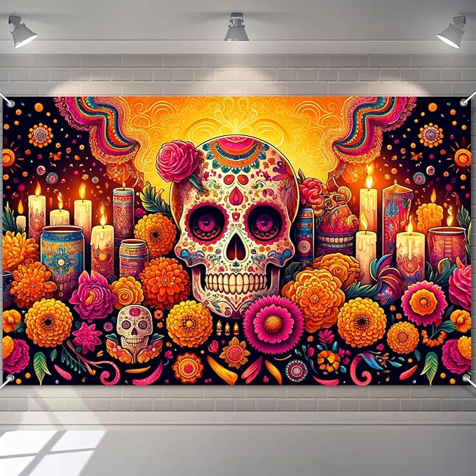 Day of the Dead Banner 71x43 Inch Colorful Sugar Skull Altar Backdrop with Marigold Flowers s and Patterned Drums Día de los Muertos Decorations for Wall Porch Indoor Outdoor Use - sugar skull canvas wall art