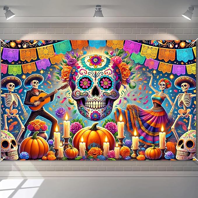 Day of The Dead Banner 71x43 Inch Día de Los Muertos Backdrop with Dancing Skeletons Sugar Skull Musician Candles and Papel Picado Mexican Halloween Decorations for Party Wall - sugar skull candle holder