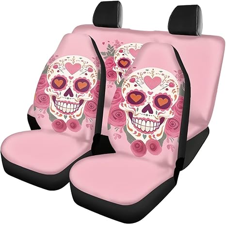 Pink Sugar Skull Car Seat Covers for Women, 4 Piece Front and Rear Split Bench Seat Covers for Cars, Easy to Install Car Seats Cover Accessories for Auto Trucks SUV - sugar skull car seat covers set