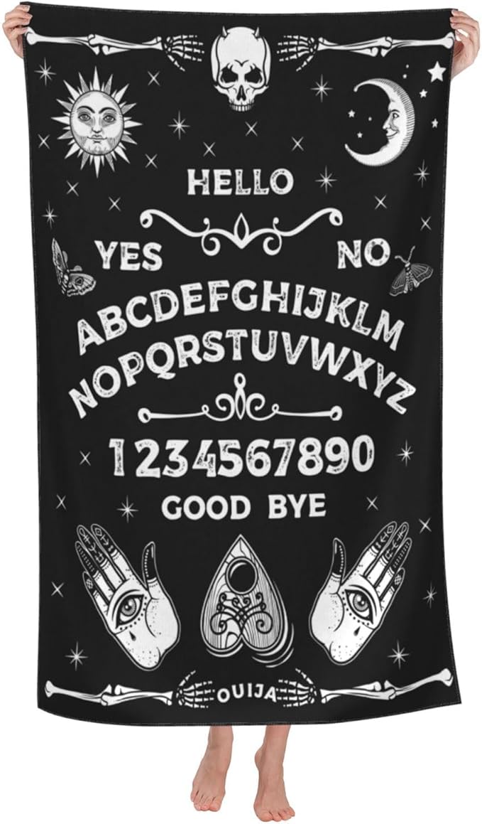 Gothic Ouija Board Beach Towel, Halloween Skull Sun Moon Goth Bath Towels, Black and White Beach Accessories Quick Dry Microfiber Yoga Swim Pool Towels 30x60 Inch/ 77X153cm - sugar skull beach towel