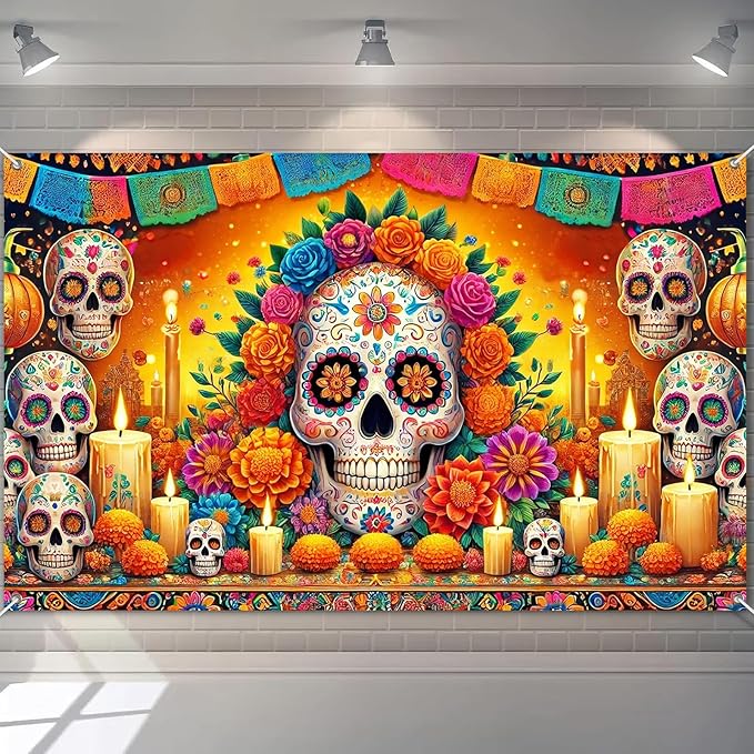 Day of the Dead Banner 71x43 Inch Día de los Muertos Backdrop with Sugar Skull Garland Flowers s Altar Scene Mexican Halloween Decorations for Wall Porch Festival - sugar skull candle holder