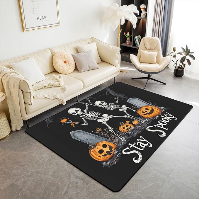 Erosebridal Happy Halloween Area Rug 3x5 for Bedroom Sugar Skull Living Room Rugs Cartoon Funny Skeleton Pumpkin Spooky Carpet Non Slip Horror Night Gothic Tombstone Indoor Floor Mat - sugar skull area rug