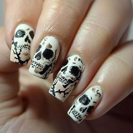Halloween Press on Nails Scary Skull Fake Nails Square Short False Nails Designs Glue on Nails Glossy Full Cover Halloween Acrylic Nails Stick on Nails for Women Manicure Supplies 24 Pcs - sugar skull nail art