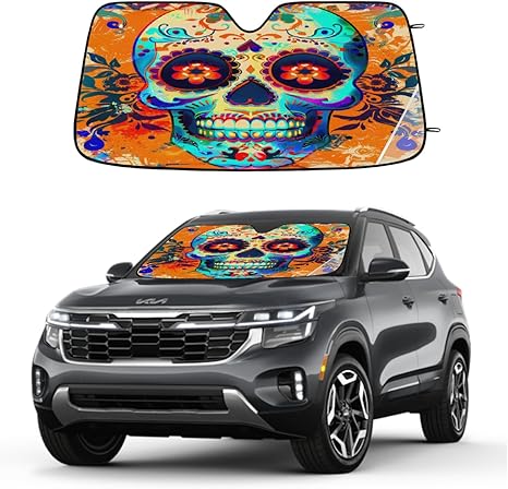 Day of The Dead Sugar Skull Car Sun Shade Windshield Sunshade Foldable Accordion Sun Visor for Car Front Windshield UV Rays Blocker Protector for SUV Truck, 55x27.6 Inch - sugar skull car sunshade for windshield