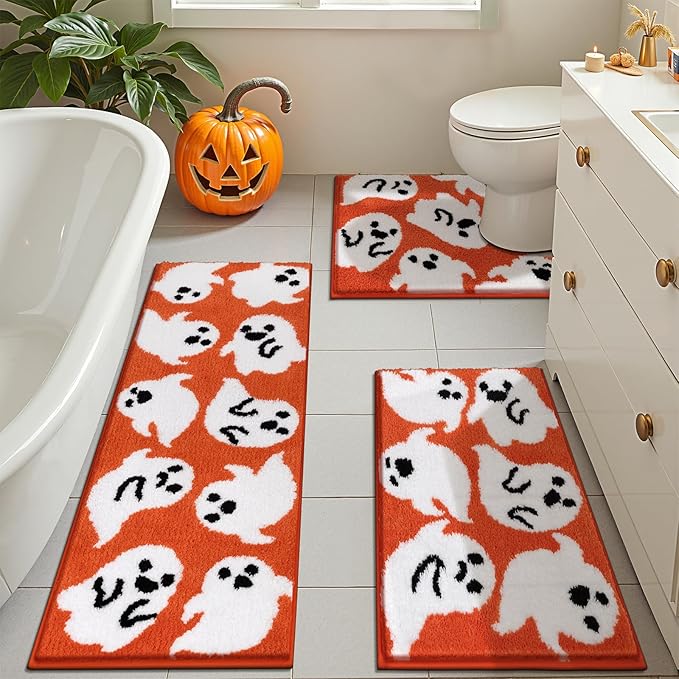 Pauwer Halloween Bathroom Rugs Sets 3 Piece, Fall Microfiber Bath Mats for Bathroom with U-Shaped Contour Toilet Rug, Spooky Soft Absorbent Washable Non Slip Bath Mat Set, Orange Ghost - sugar skull toilet mat set