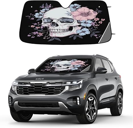 Elegant Floral Sugar Skull Car Sun Shade Windshield Sunshade Foldable Accordion Sun Visor for Car Front Windshield UV Rays Blocker Protector for SUV Truck, 55x27.6 Inch - sugar skull car sunshade for windshield