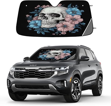 Floral Sugar Skull Car Sun Shade Windshield Sunshade Foldable Accordion Sun Visor for Car Front Windshield UV Rays Blocker Protector for SUV Truck, 55x27.6 Inch - sugar skull car sunshade for windshield