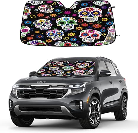 Day of The Dead Floral Sugar Skull Car Sun Shade Windshield Sunshade Foldable Accordion Sun Visor for Car Front Windshield UV Rays Blocker Protector for SUV Truck, 55x27.6 Inch - sugar skull car sunshade for windshield