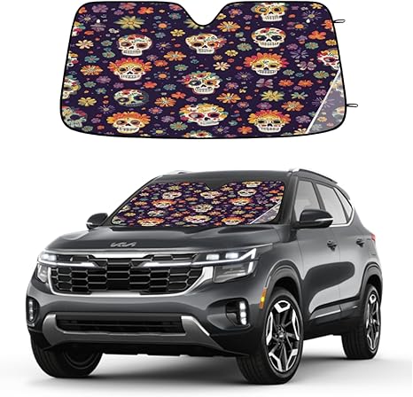 Day of The Dead Floral Sugar Skull Car Sun Shade Windshield Sunshade Foldable Accordion Sun Visor for Car Front Windshield UV Rays Blocker Protector for SUV Truck, 55x27.6 Inch - sugar skull car sunshade for windshield