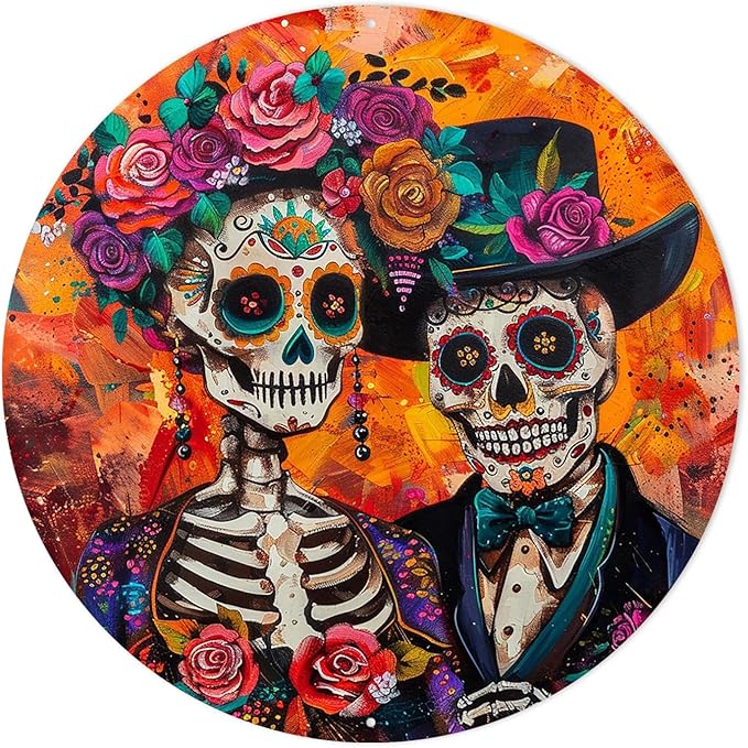 Classic Sugar Skull Couple Day of the Dead Round Aluminum Sign Halloween Theme Wall Hanging Wall Art Romantic Artistic Style Wall Decor for Home, Bedroom, Living Room, Office Decorative Signs & Plaques 8x8 Inch - sugar skull nail art