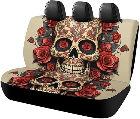 Red Rose Sugar Skull Car Seat Cover Universal Breathable Car Seat Protector, Suvs, Trucks & Vans - Comfortable Automotive Seats Covers with Easy Fit and Stylish Design 120x59x76cm - sugar skull car seat covers set