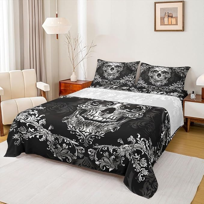Sugar Skull Sheet Set King Size,Grey Floral Skeleton Halloween Bedding Set,Victorian Baroque Gothic Bed Sheet Set 4pcs with Deep Pocket Fitted + Flat + 2 Pillowcases,Kids Boys Girls Teens Room Decor - sugar skull bedding set
