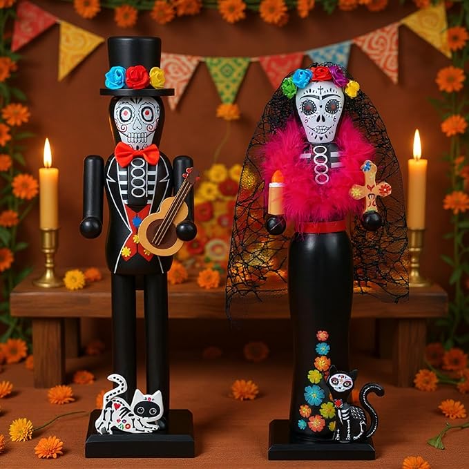 2 Pcs Day of The Dead Nutcracker 14 Inch Mexican Fiesta Theme Party Figures Wooden Sugar Skull Nutcracker Decor for Holiday Tables Desktop Fireplace - sugar skull christmas decorations