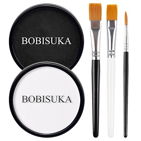 BOBISUKA Black White Face Body Paint, Water Based Face Painting Kit Body Paints with Brushes, Kids Adults Facepaint for Halloween Party Clown Joker Goth Skull SFX Makeup Costume Cosplay Stage Dress-Up - sugar skull makeup kit