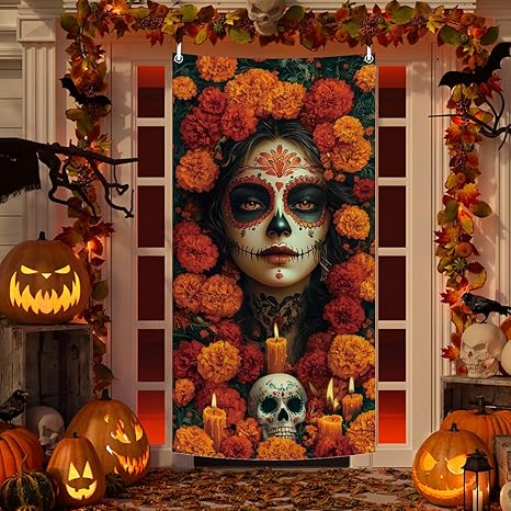 Day of The Dead Door Cover Dia De Los Muertos Backdrop Sugar Skull Marigold Design Mexican Fiesta Party Decoration - sugar skull candle holder
