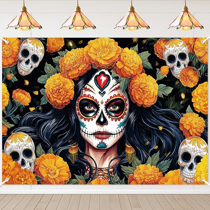 Avezano Dia De Los Muertos Backdrop Day of The Dead Banner Gothic Sugar Skull Marigold Flowers Halloween Decorations and Supplies for Home (7x5ft) - sugar skull canvas wall art