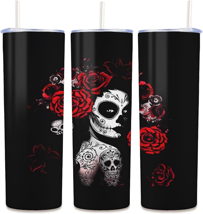 Catrina Day Floral Sugar Skull Roses Los Muertos Halloween Insulated Tumblers Cups,20oz Skinny Straight Tumbler With Lid Straw Coffee Mug Travel Water Bottle for Birthday - sugar skull tumbler with straw