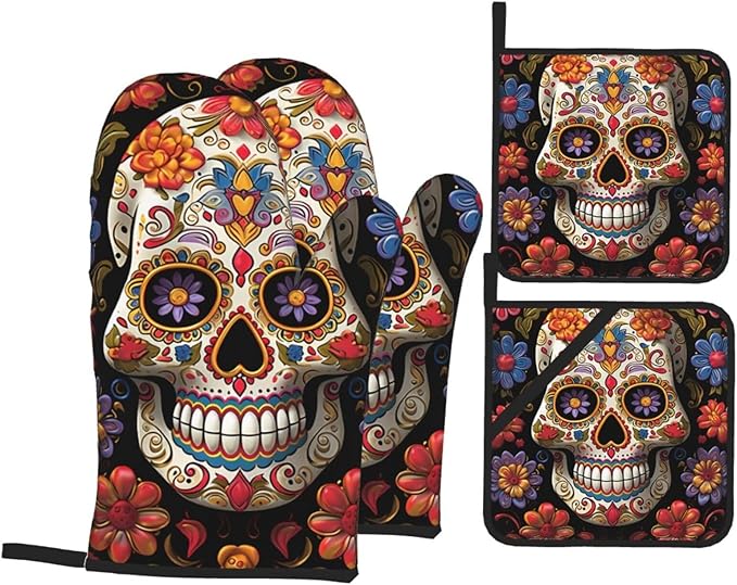 Sugar Skulls Oven Mitts and Pot Holders 4PCS Set, Heat Resistant Waterproof Cooking Gloves Potholders Non Slip BBQ Gloves Hot Pads for Kitchen Cooking Baking Decoration - sugar skull oven mitts
