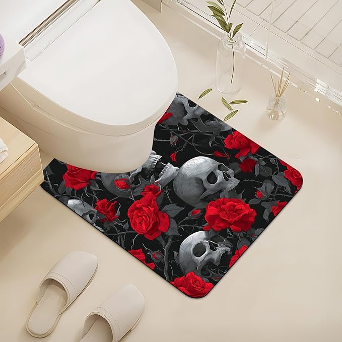 Skull Flower Halloween U Shaped Toilet Rug Mat 24" x 20" Absorbent Non Slip Bathroom Rugs Mats-Easy Clean Quick Dry Bath Mats Rugs Halloween Bathroom Decorations - sugar skull toilet mat set