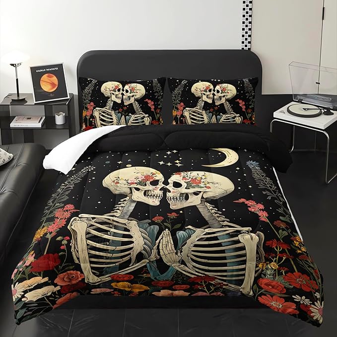 Black Gothic Skull Flower Queen Comforter Set，Quilt Queen Size Bedding Set Gothic，with 1 Comforter with 2 Pillow Case，Skull Room Decor for Bedroom - sugar skull bedding set