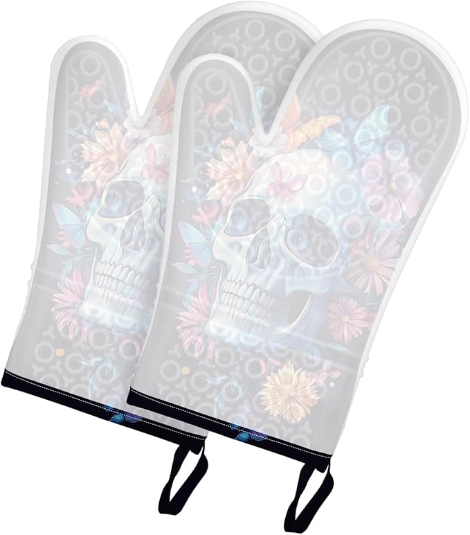 Flower Skull Oven Mitts s 2-Pack Set with Transparent Clear Silicone Shell and Nice Dog Printing Cotton Lining,Kitchen Oven Gloves Pot Holder for Cooking - sugar skull oven mitts